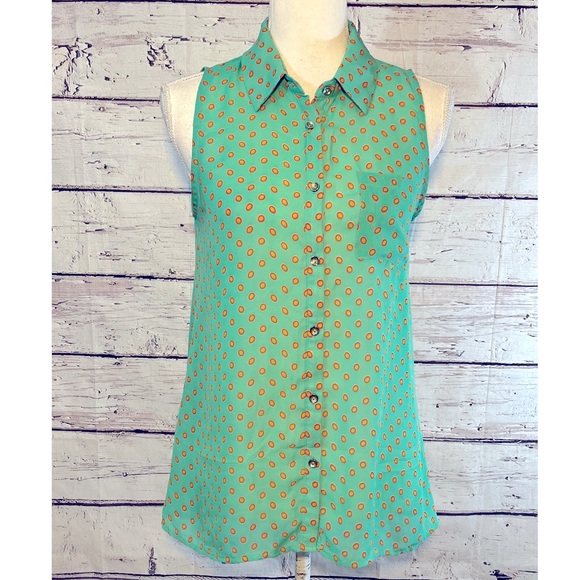MONTEAU Sleeveless Button Front Blouse Sheer Green with Dots-Small - Picture 1 of 3